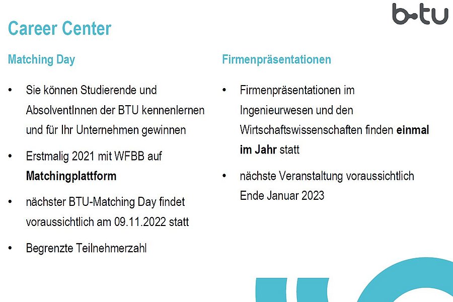 Informationsseite zum Career Center im November 2022