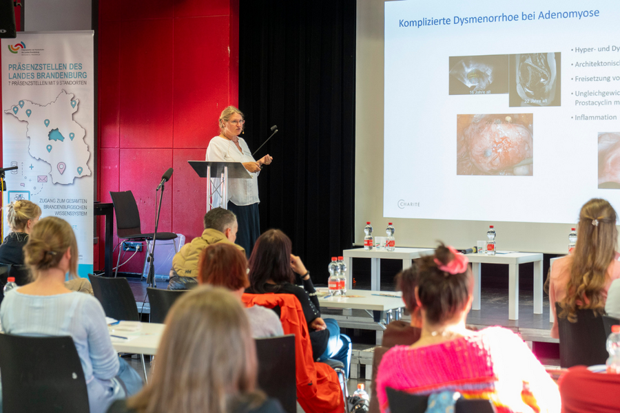 Frau meschner auf dem Podium mit einer Präsentation