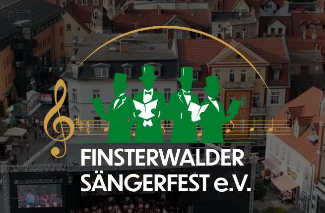 Logo des Sängerfestes mit der Stadt Finsterwalde im Hintergrund.